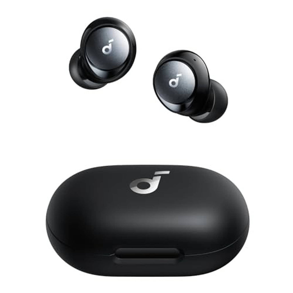 Black true wireless earbuds with charging case, angled view