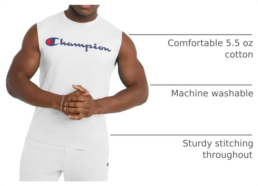 White Champion muscle tee with blue script logo on the chest