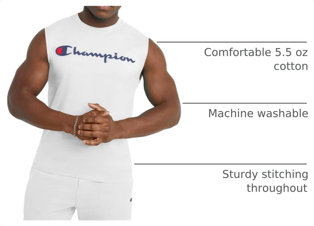 White Champion muscle tee with blue script logo on the chest