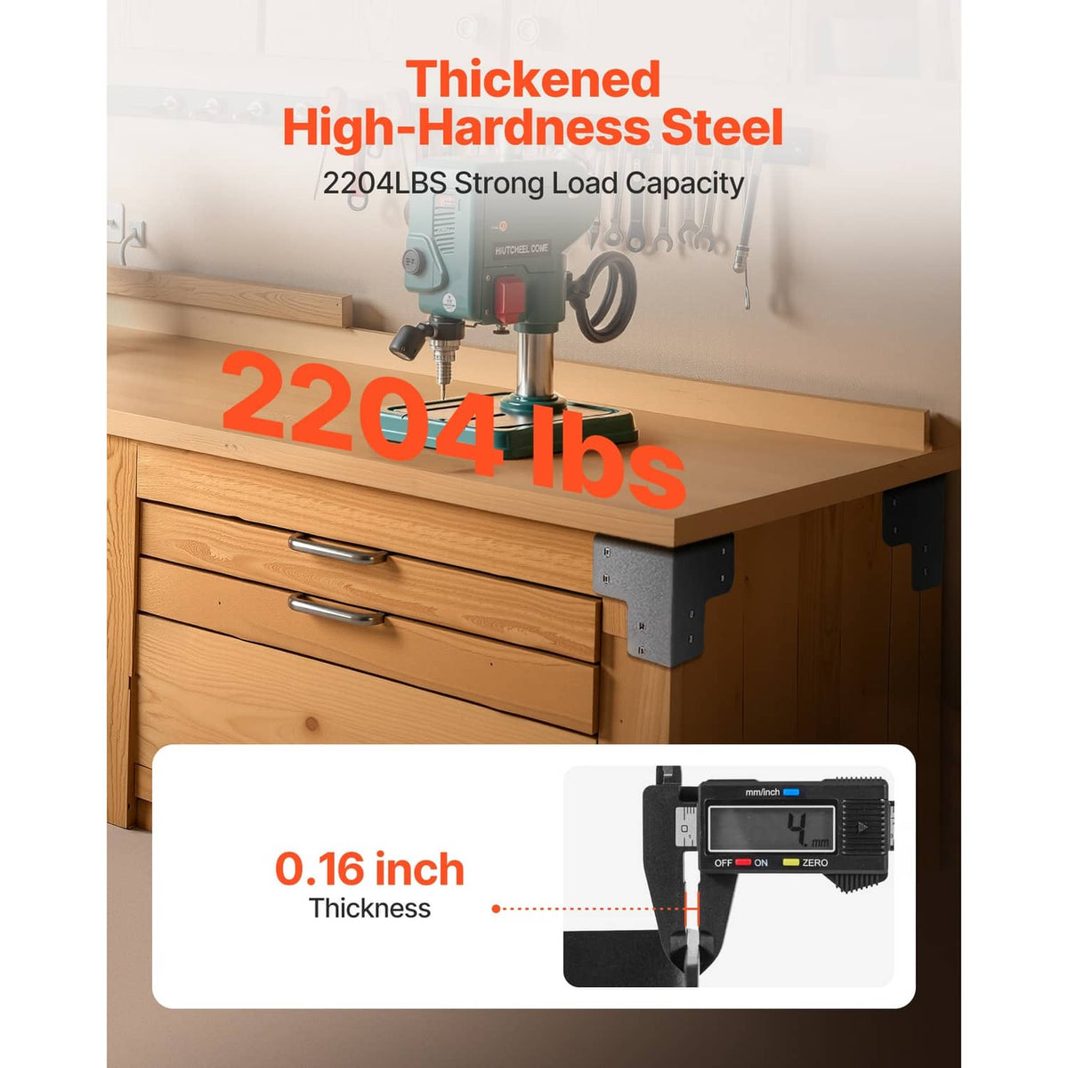 Black corner bracket mounted on a wooden workbench edge with predrilled holes