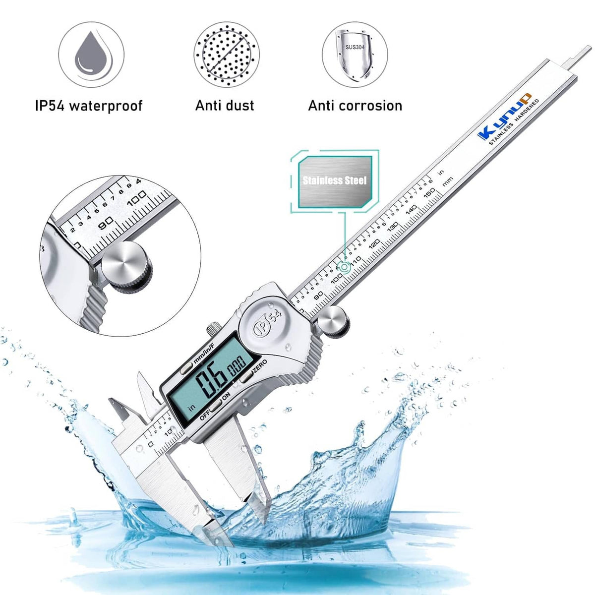 Digital caliper with LCD reading, stainless body and measuring scale for precision