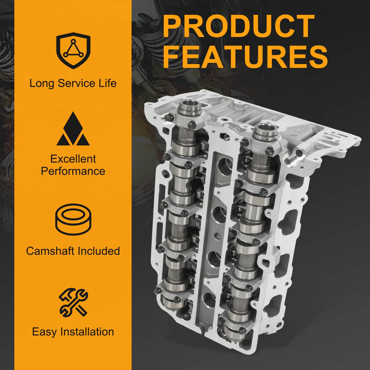 Engine cylinder head assembly with camshafts, silver metal
