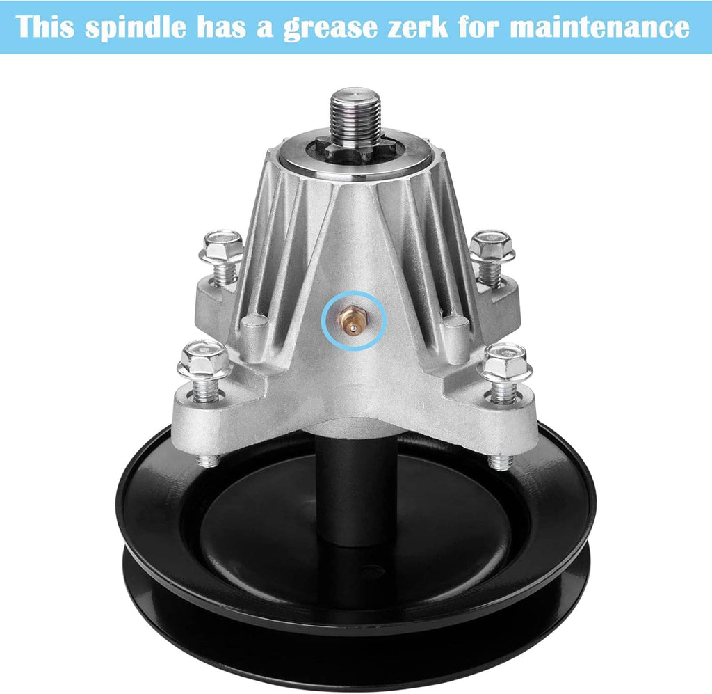 Lawn mower deck spindle assembly showing grease zerk on metal housing and pulley