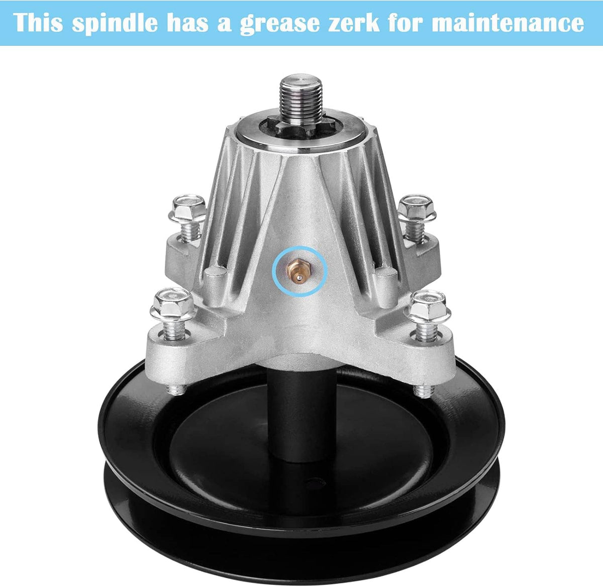 Lawn mower deck spindle assembly showing grease zerk on metal housing and pulley