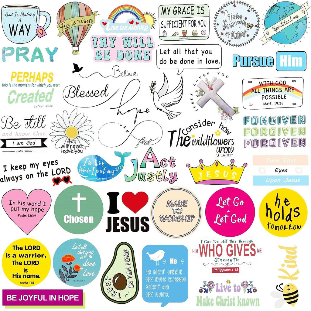Christian scripture and cross-themed sticker sheet with colorful sayings