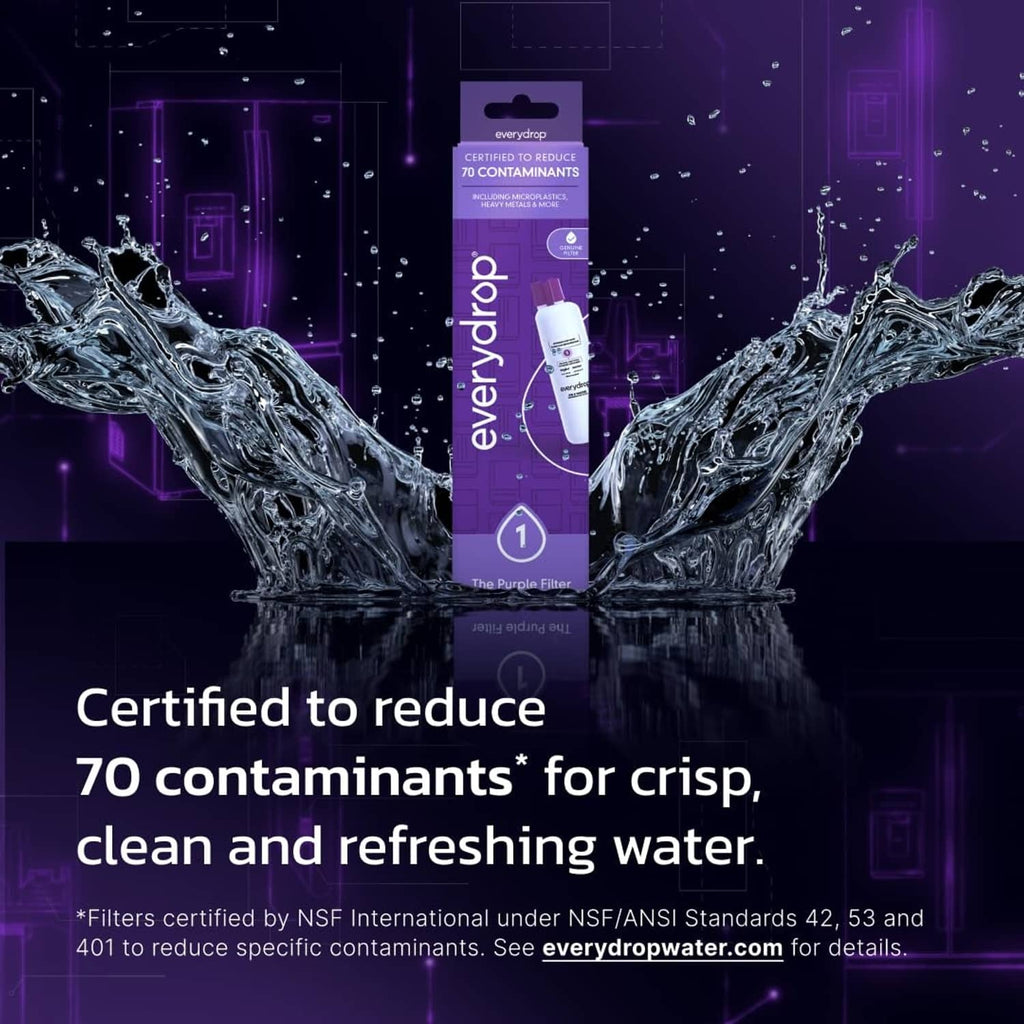 everydrop Purple Filter replacement cartridge package on water splash graphic