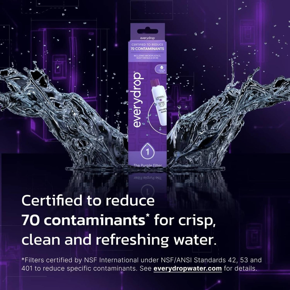 everydrop Purple Filter replacement cartridge package on water splash graphic