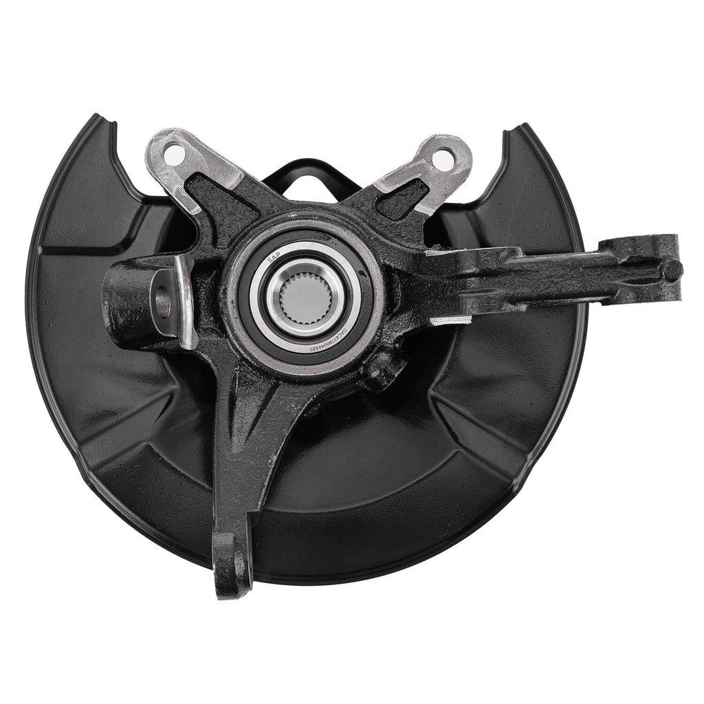 Front steering knuckle assembly with wheel hub and black brake backing plate