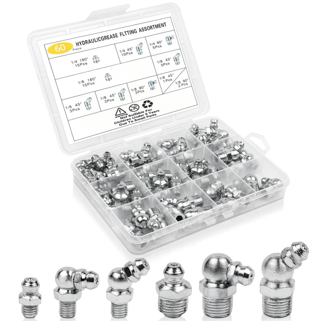 Chrome SAE and NPT grease fittings set in clear divided storage case