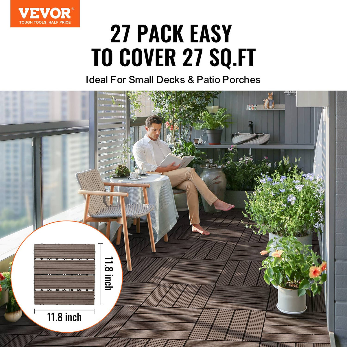 Dark brown 12 x 12 in interlocking deck tile pieces with wood-look slats, waterproof style