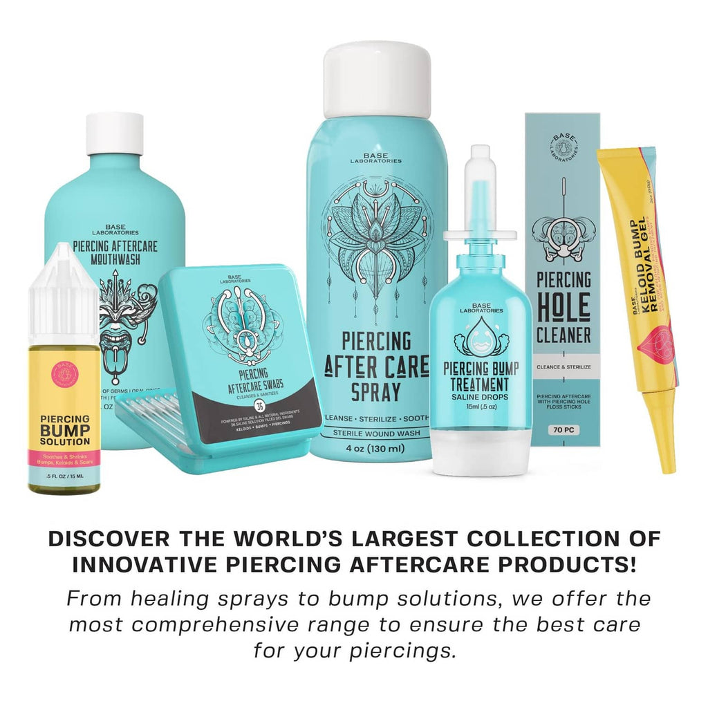 Piercing aftercare product collection: bottles, spray, and tubes displayed together.