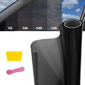 Dark window tint film on car side glass, multiple VLT shade levels shown