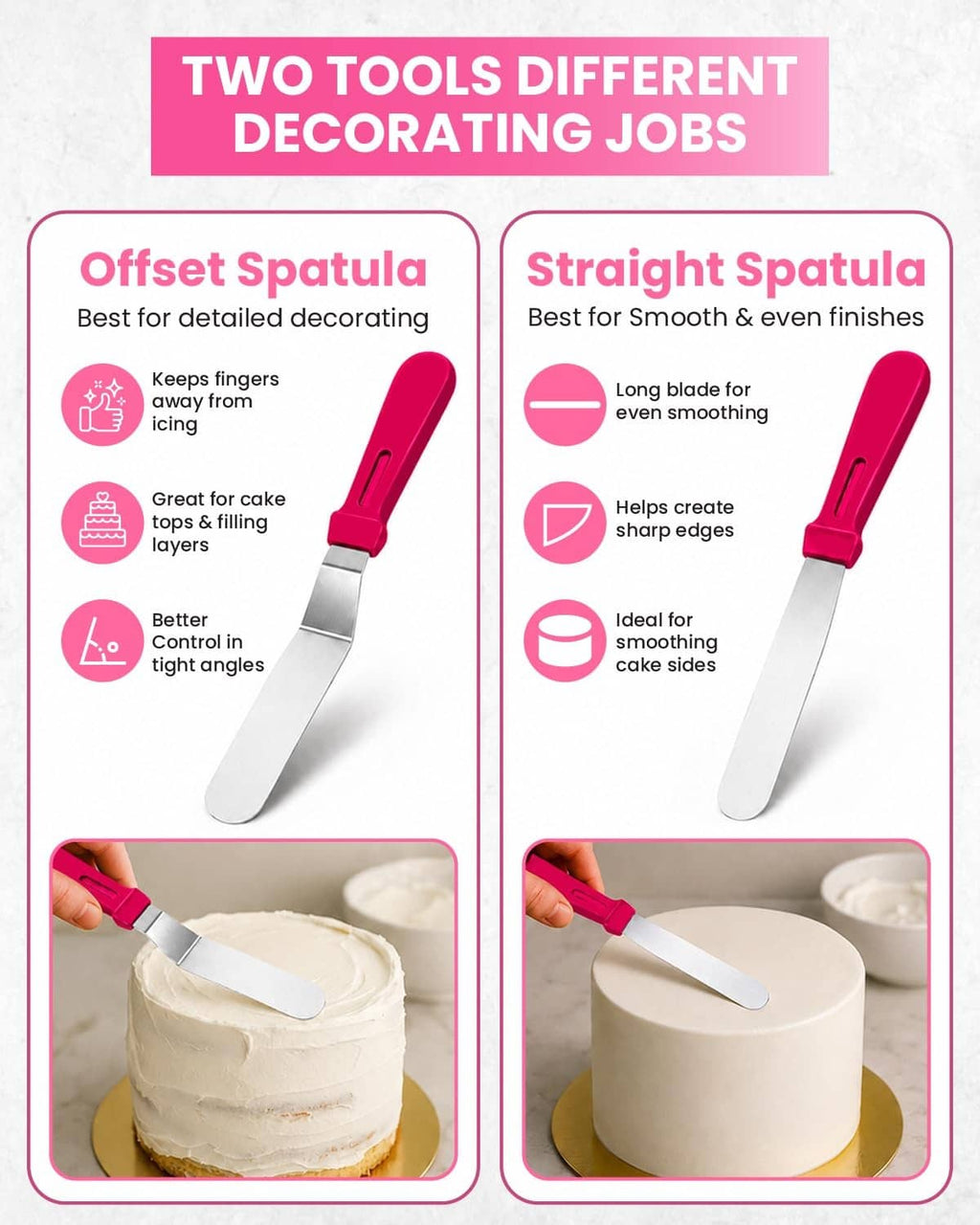 Set of two cake decorating spatulas: offset and straight with pink handles