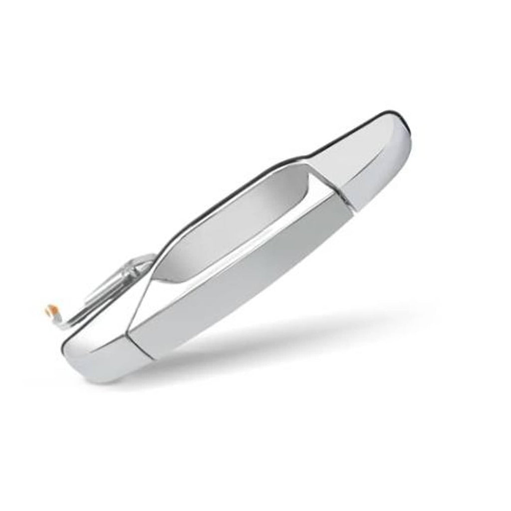 Chrome exterior door handle with contoured pull and mounting base