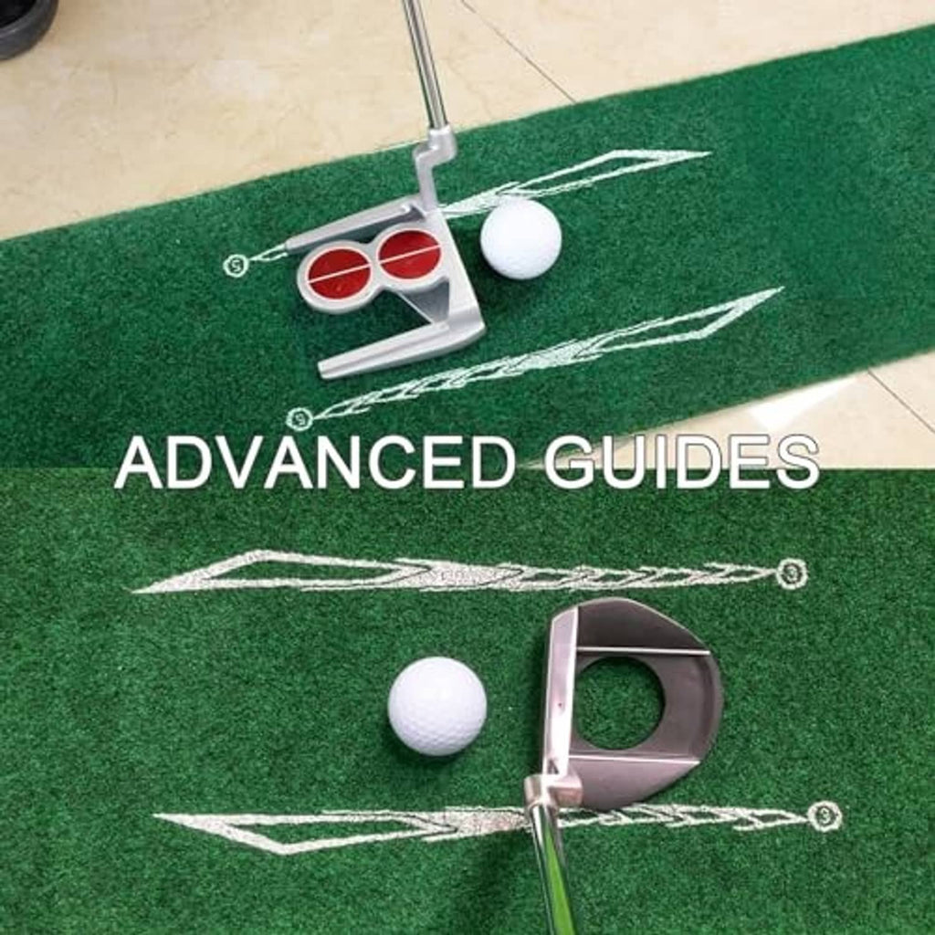 Green golf putting mat surface with alignment lines, golf balls, and putter head