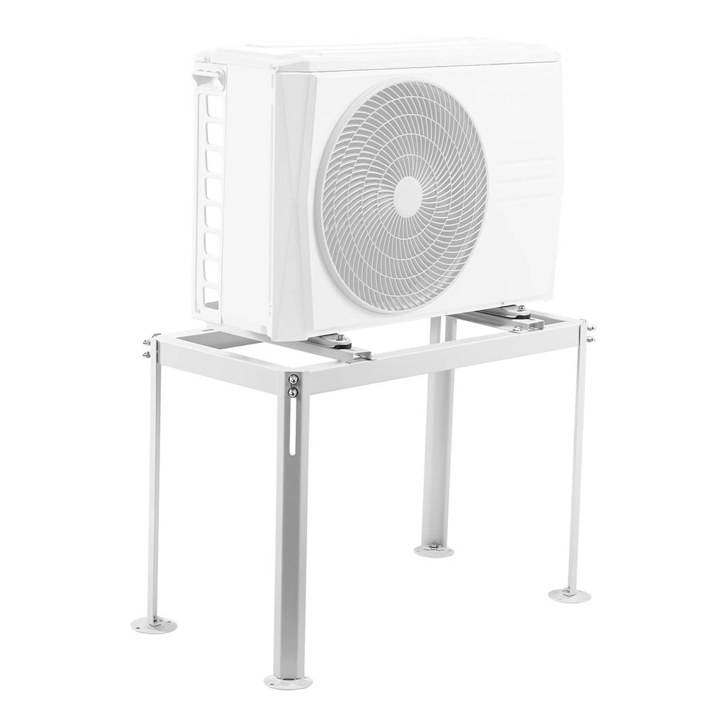 White mini split AC ground stand supporting an outdoor condenser with side fan