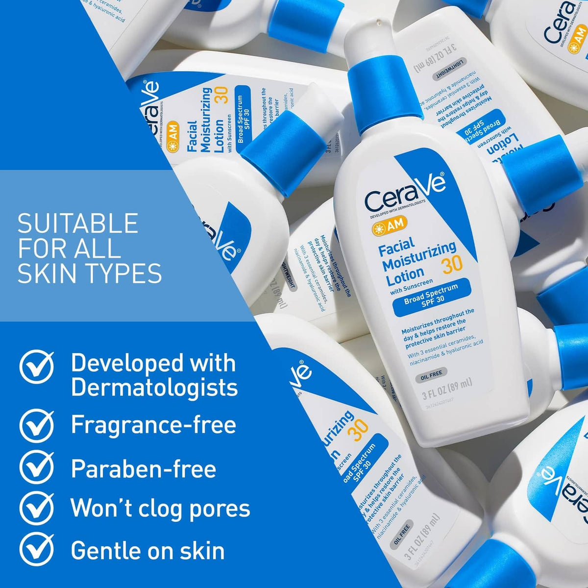Assorted CeraVe AM SPF 30 facial moisturizing lotions in white-and-blue bottles