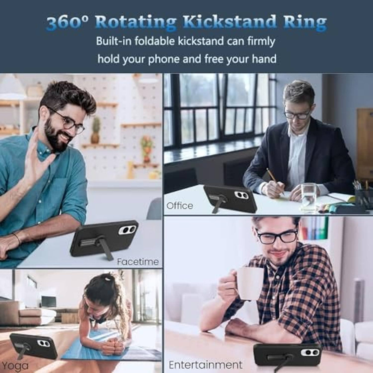 Black phone case with rotating kickstand ring; secure fit for holding phone