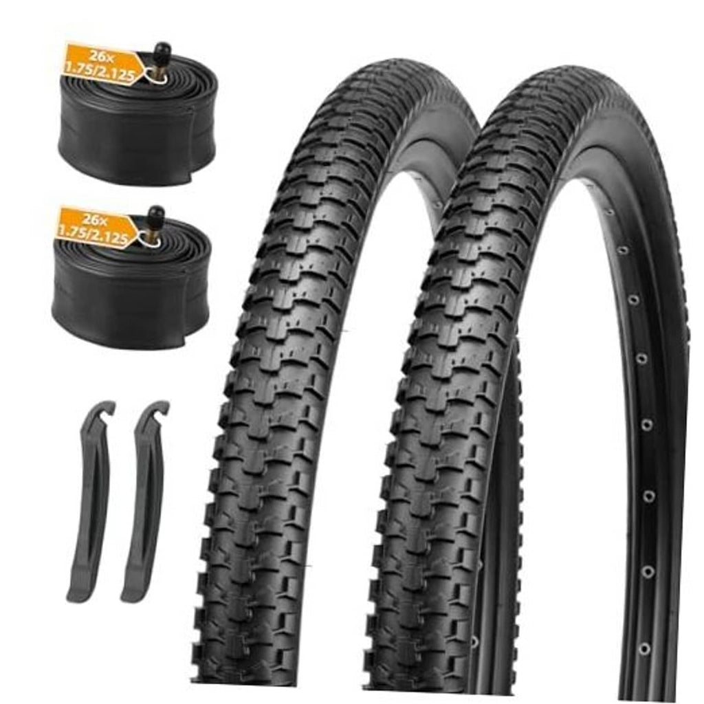 Two black mountain bike tires with thick knobby tread and sidewall studs