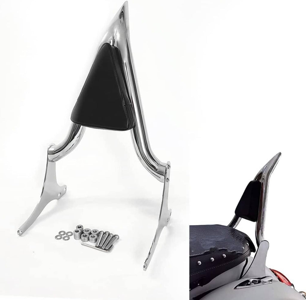 Chrome sissy bar backrest with black pad and mounting bracket with bolts