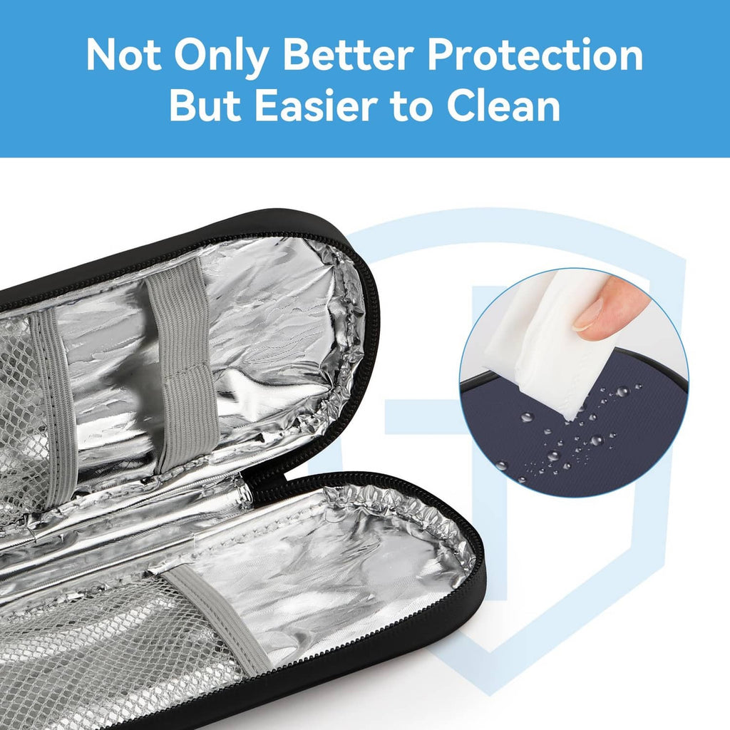 Insulin cooler case with silver foil interior and smooth wipe-clean inner lining