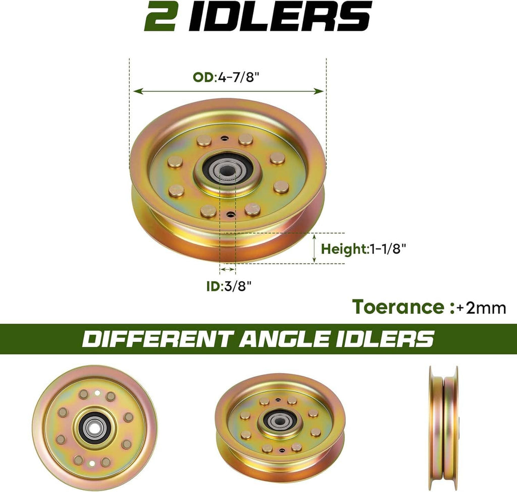 Two gold idler pulleys with bearings and mounting dimensions for deck rebuild kit