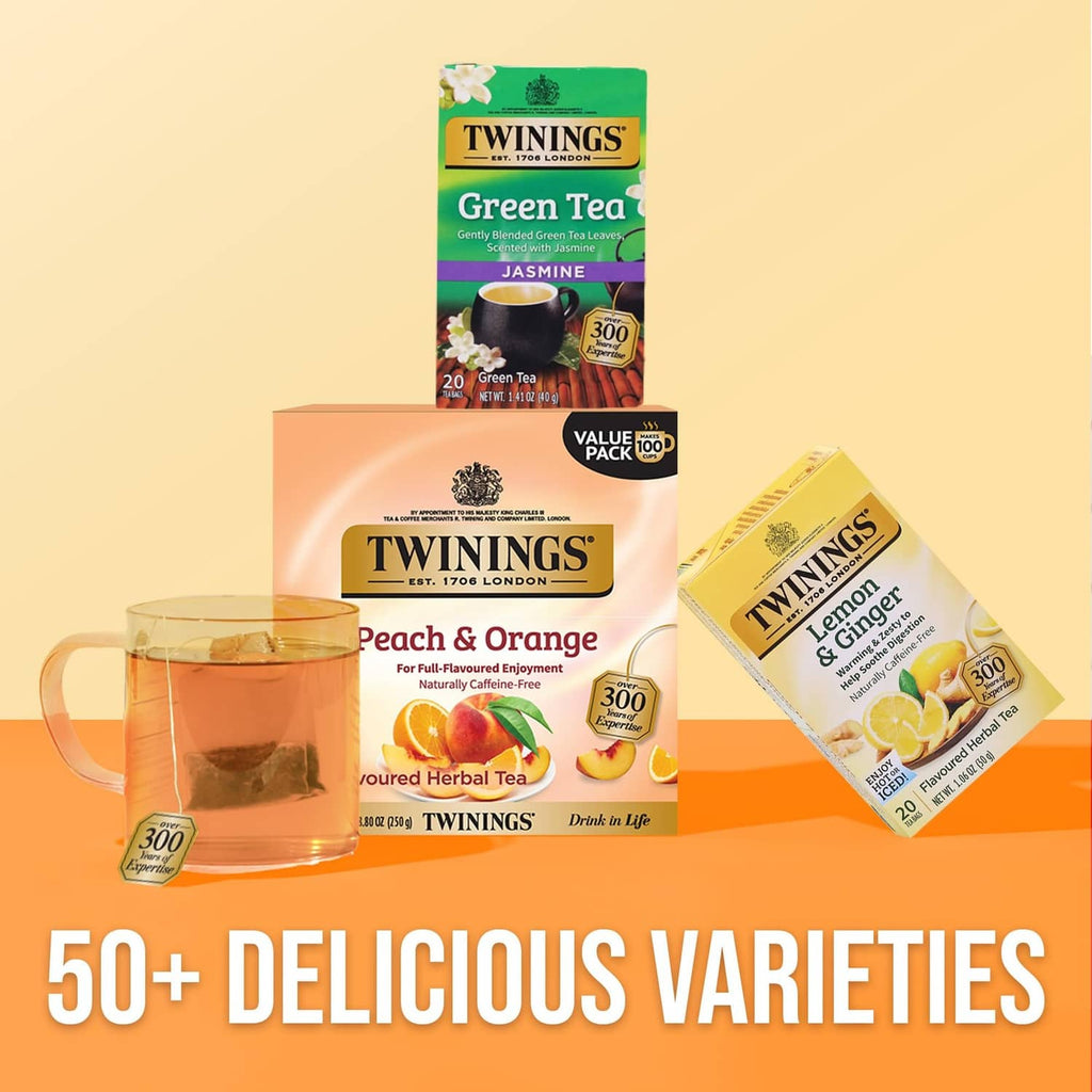 Twinings Peach & Orange herbal tea pack with 100 cups value badge