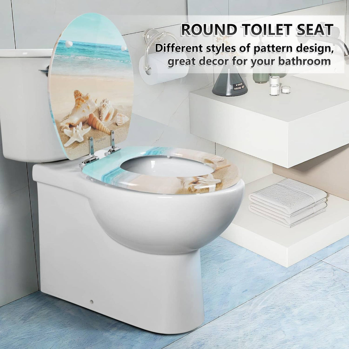 Round toilet seat featuring beach ocean shell graphic on white toilet