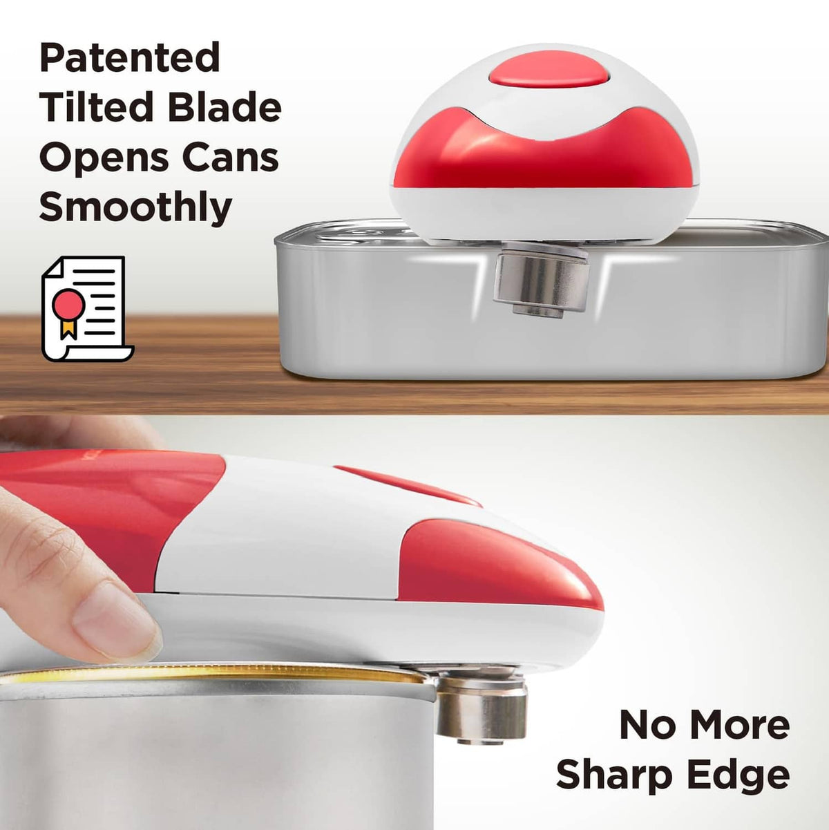 Kitchen Mama can opener with red-and-white domed head and mounted blade on a can