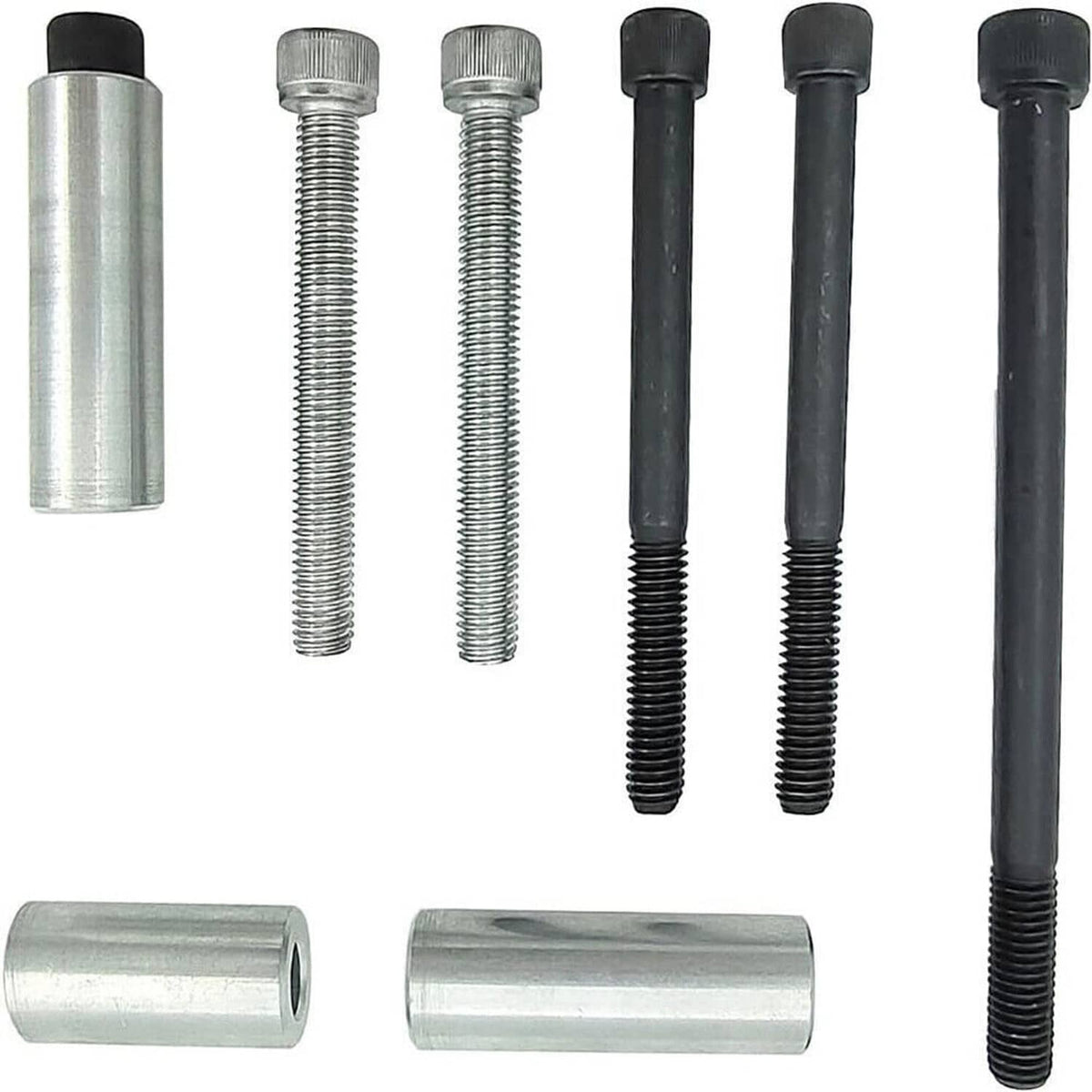 Steel mounting bolts and spacers with rubber caps for high mount A/C bracket kit