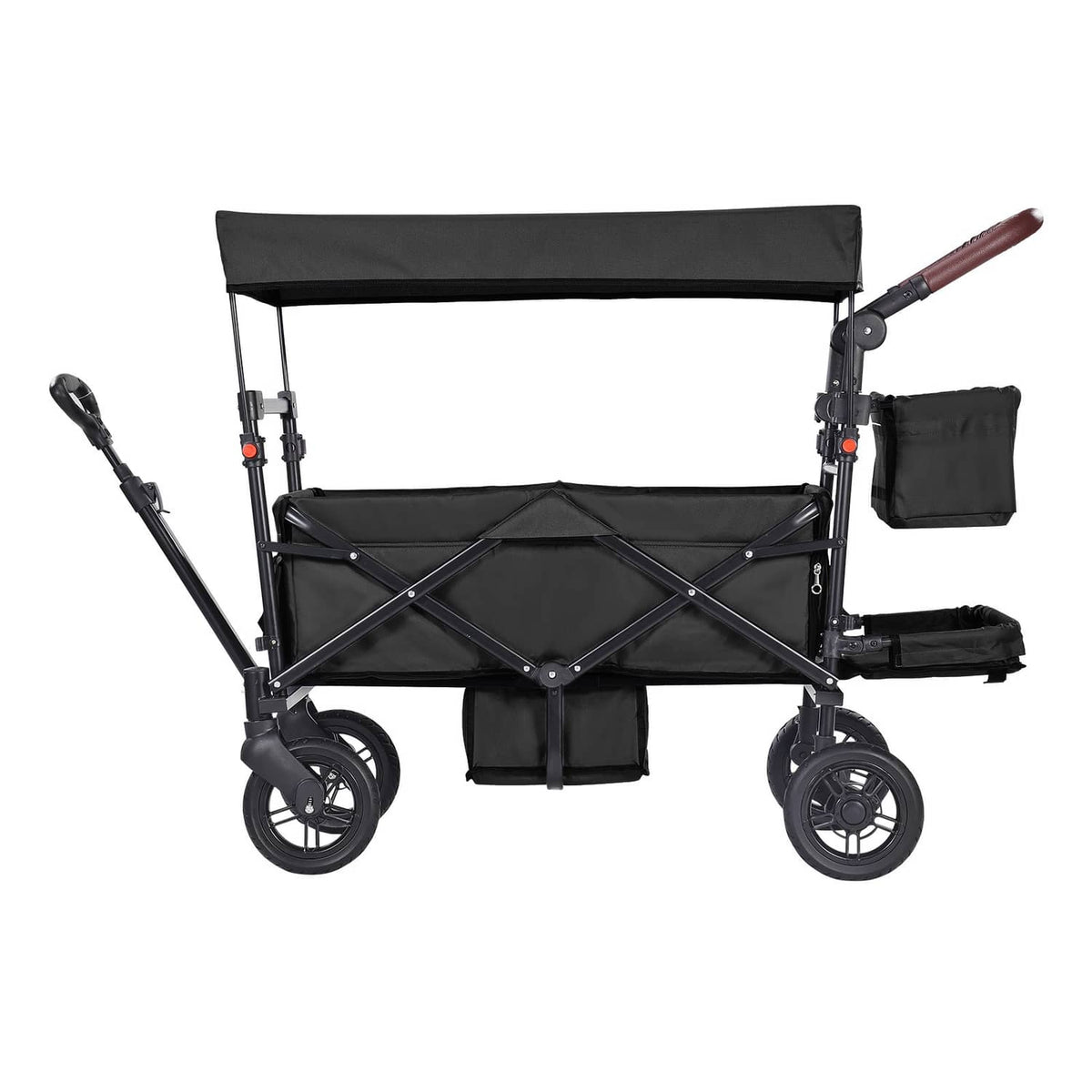 Black double stroller wagon with canopy, side storage bags, and front safety bar.