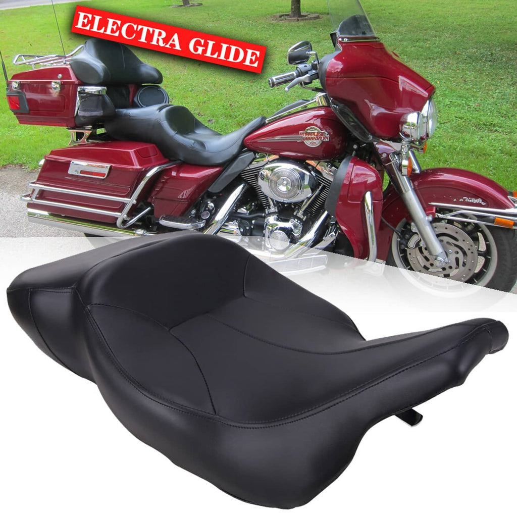 Black contoured driver and passenger motorcycle seat, wide padded profile.