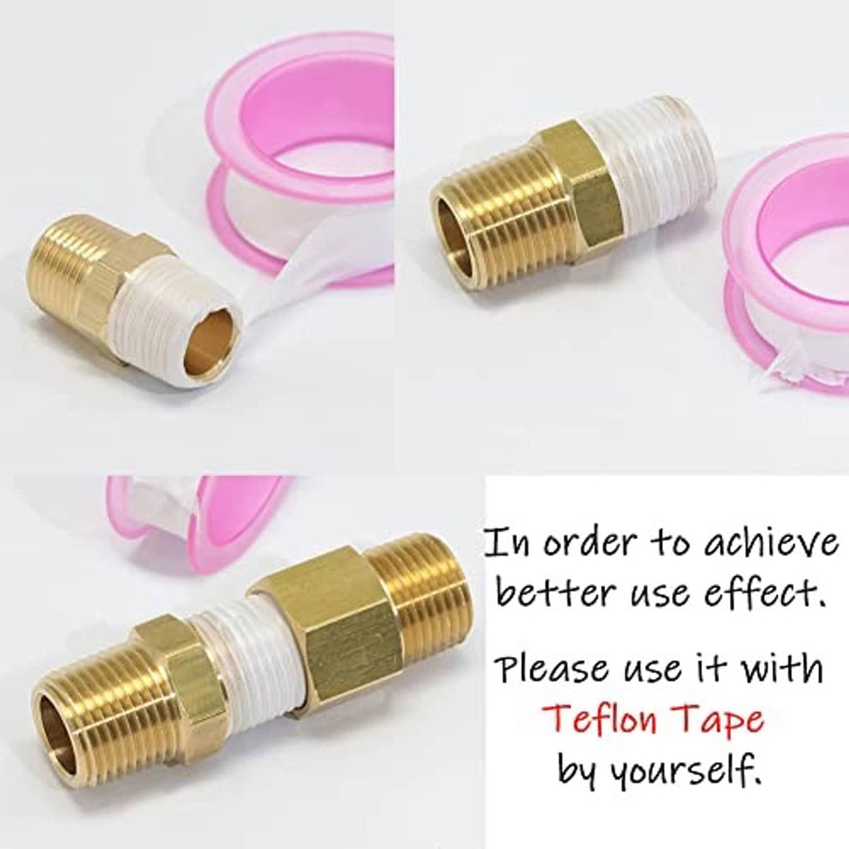 Brass NPT coupling with white thread-seal tape on the threaded end