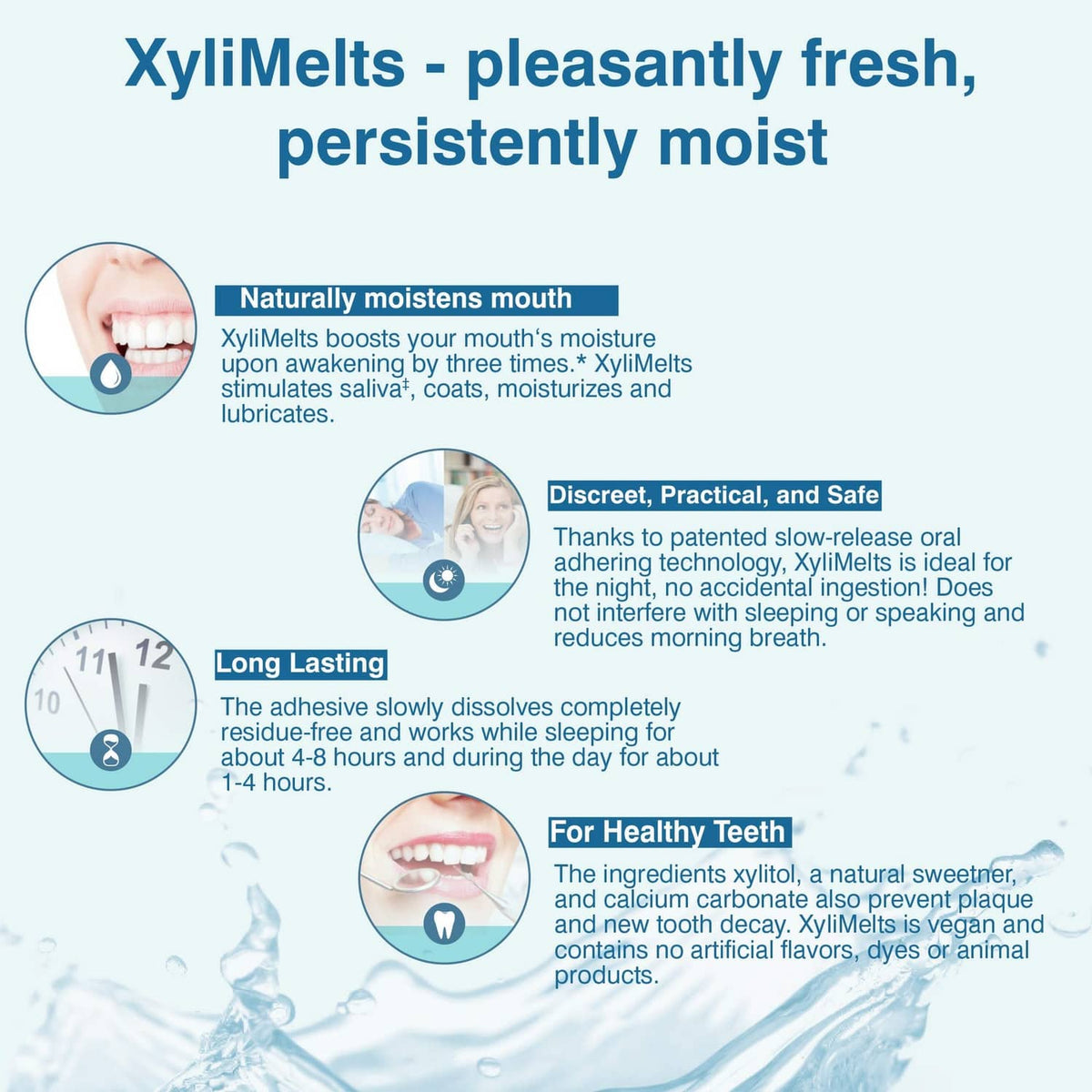 XyliMelts benefits infographic with mouth-moisture and long-lasting time callouts