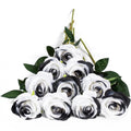 Artificial silk rose bouquet with white and black blooms and green leaves