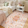 Rectangular area rug with pastel pink, orange, and blue vintage floral medallion pattern