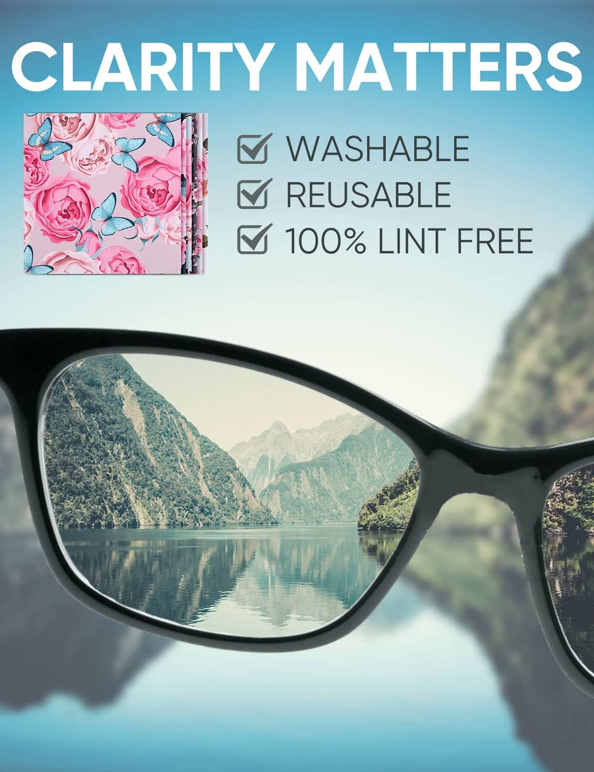 Square floral glasses cleaning cloth set; pink rose designs beside eyeglasses