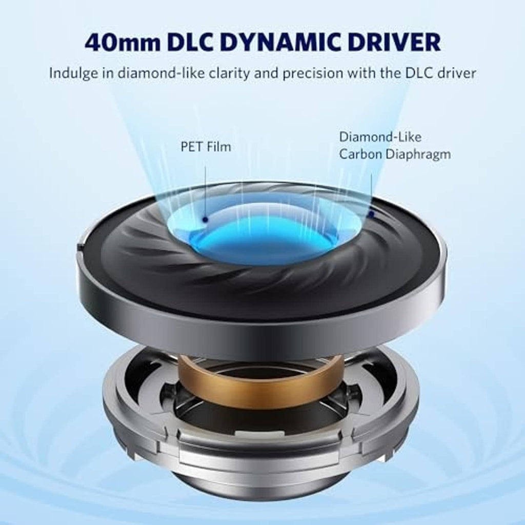 Over-ear headphone speaker driver cross-section with blue sound chamber