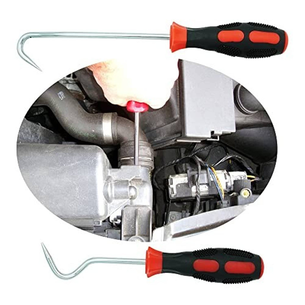 Hose removal hook tool in use on vehicle engine, showing stainless hook and handle