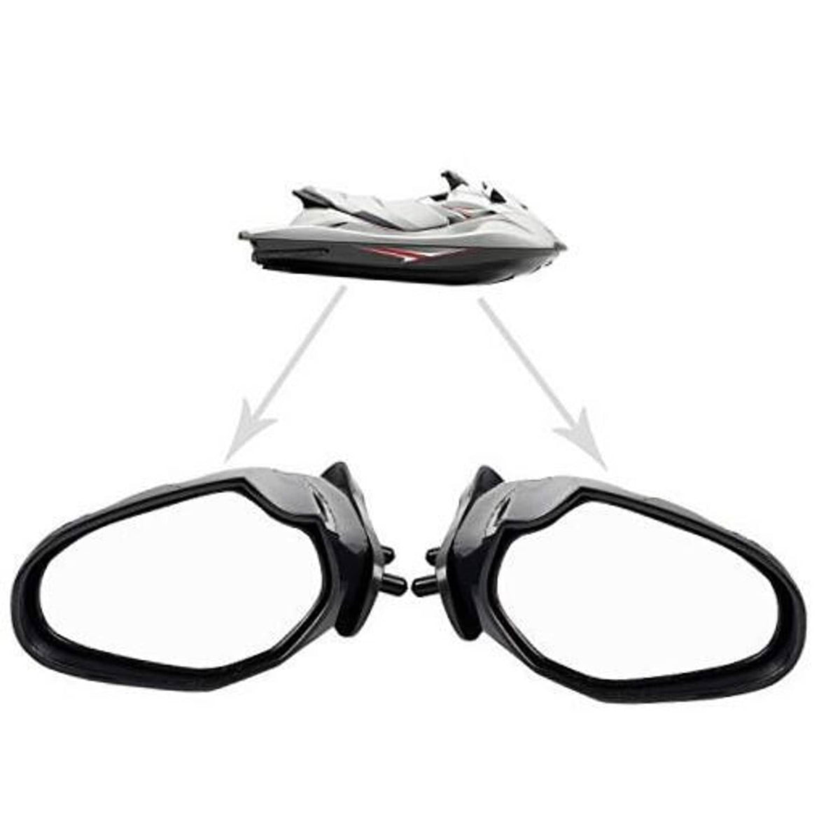 Pair of black side mirrors with clear reflectors and mounting hardware, connected