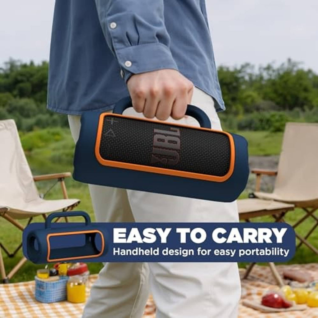 Blue silicone speaker cover with orange trim, handheld carry handle and front grille