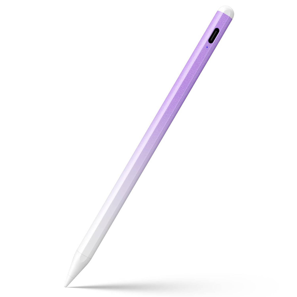Purple and white stylus pen with fine tip, shown diagonally
