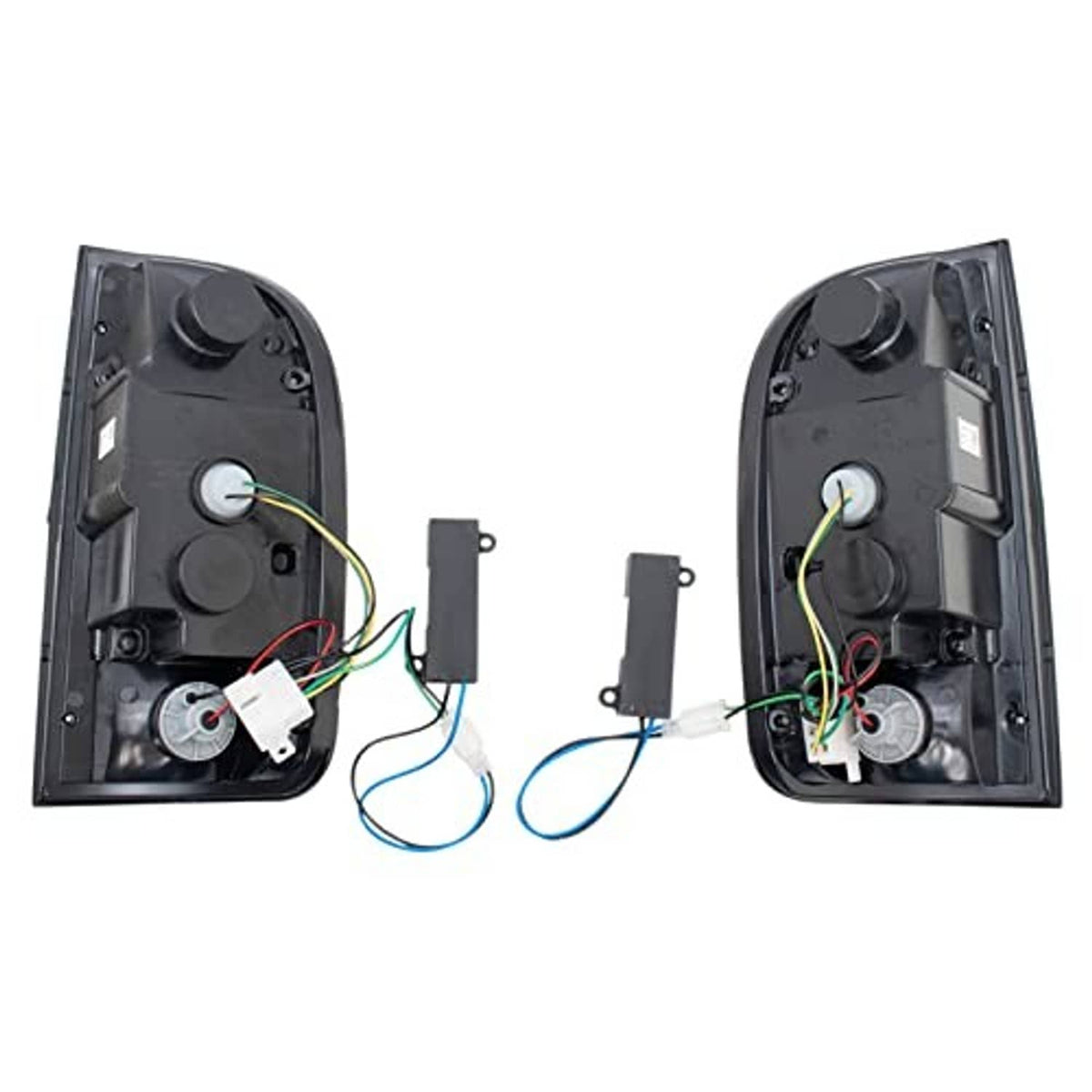 LED tail light housings shown from the back with wiring and mounting components