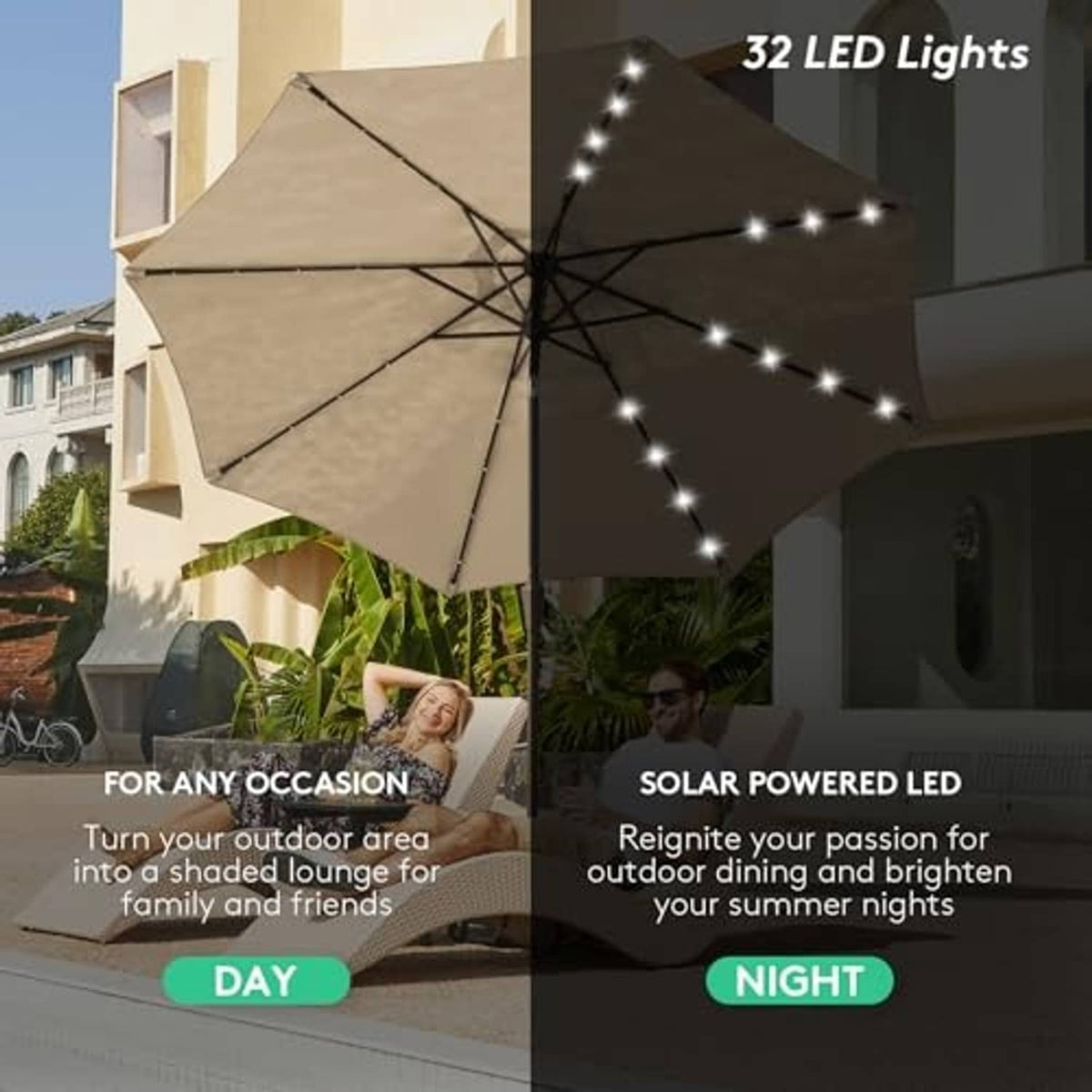 Beige patio umbrella with LED string lights on canopy and central black pole