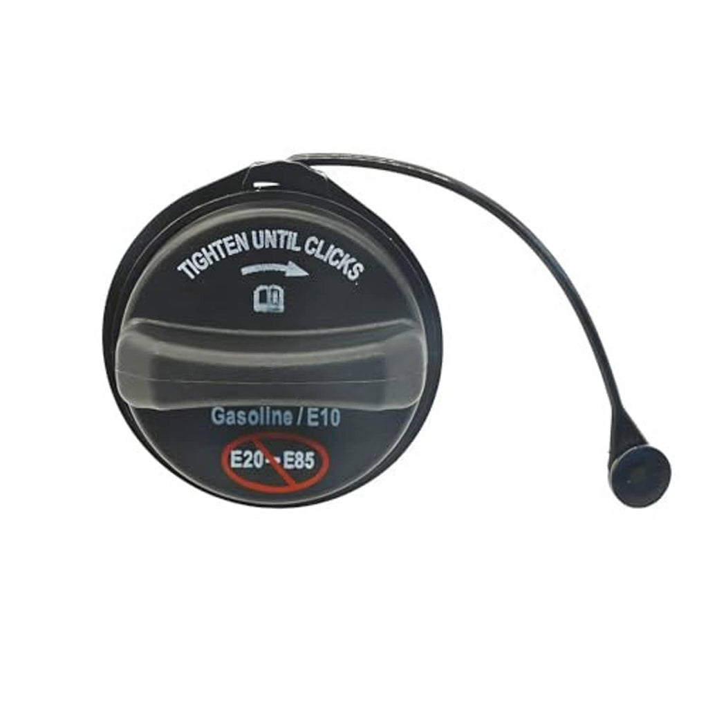 Gas tank cap with tether, angled view of black cap and E20–E85 fuel label