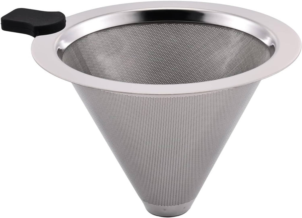 Stainless steel pour-over coffee cone dripper with black handle and fine mesh