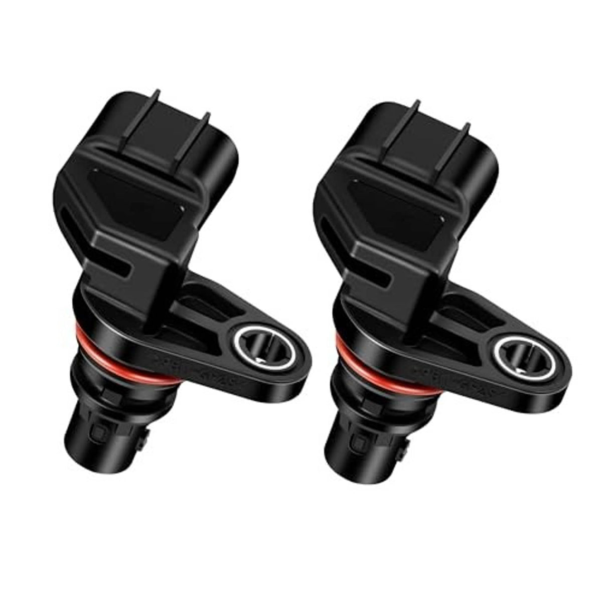 Two black camshaft position sensors showing mounting loops and red seal rings
