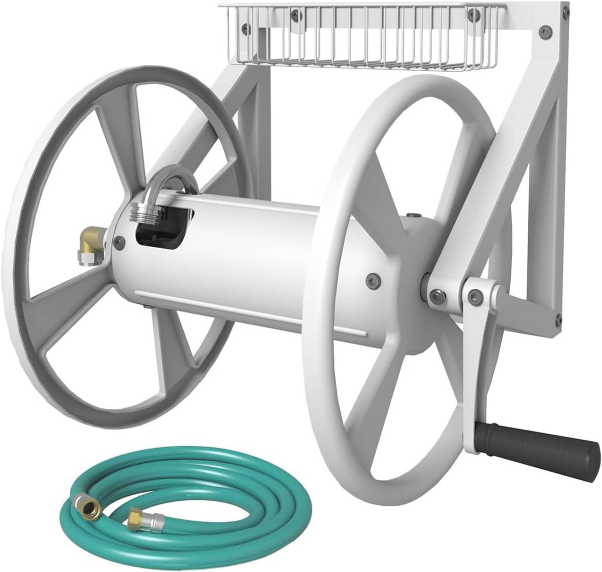 Wall-mounted triangle hose reel in gray and white with coiled green hose at bottom