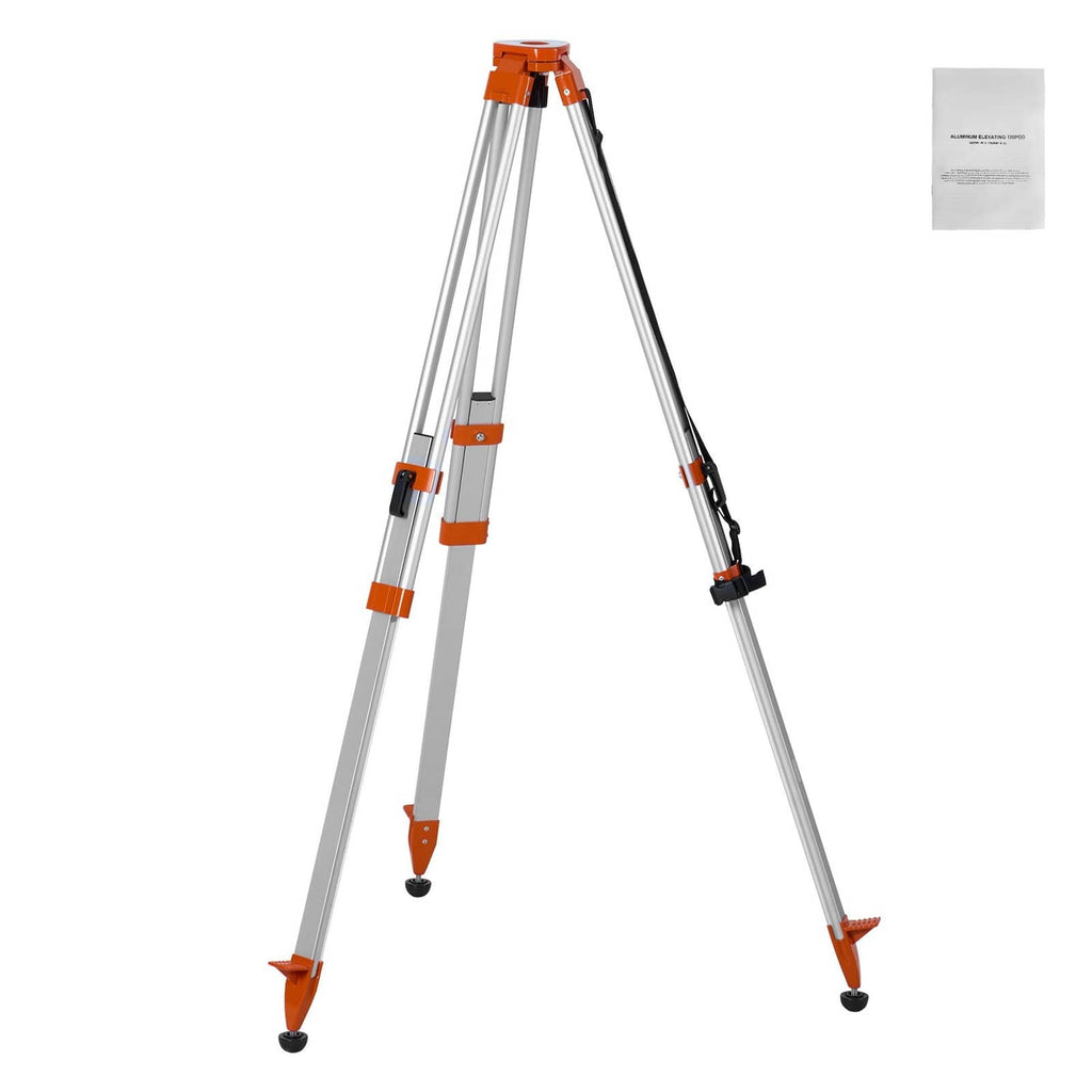 Laser level tripod stand with orange top, silver legs, and black leg clamps.