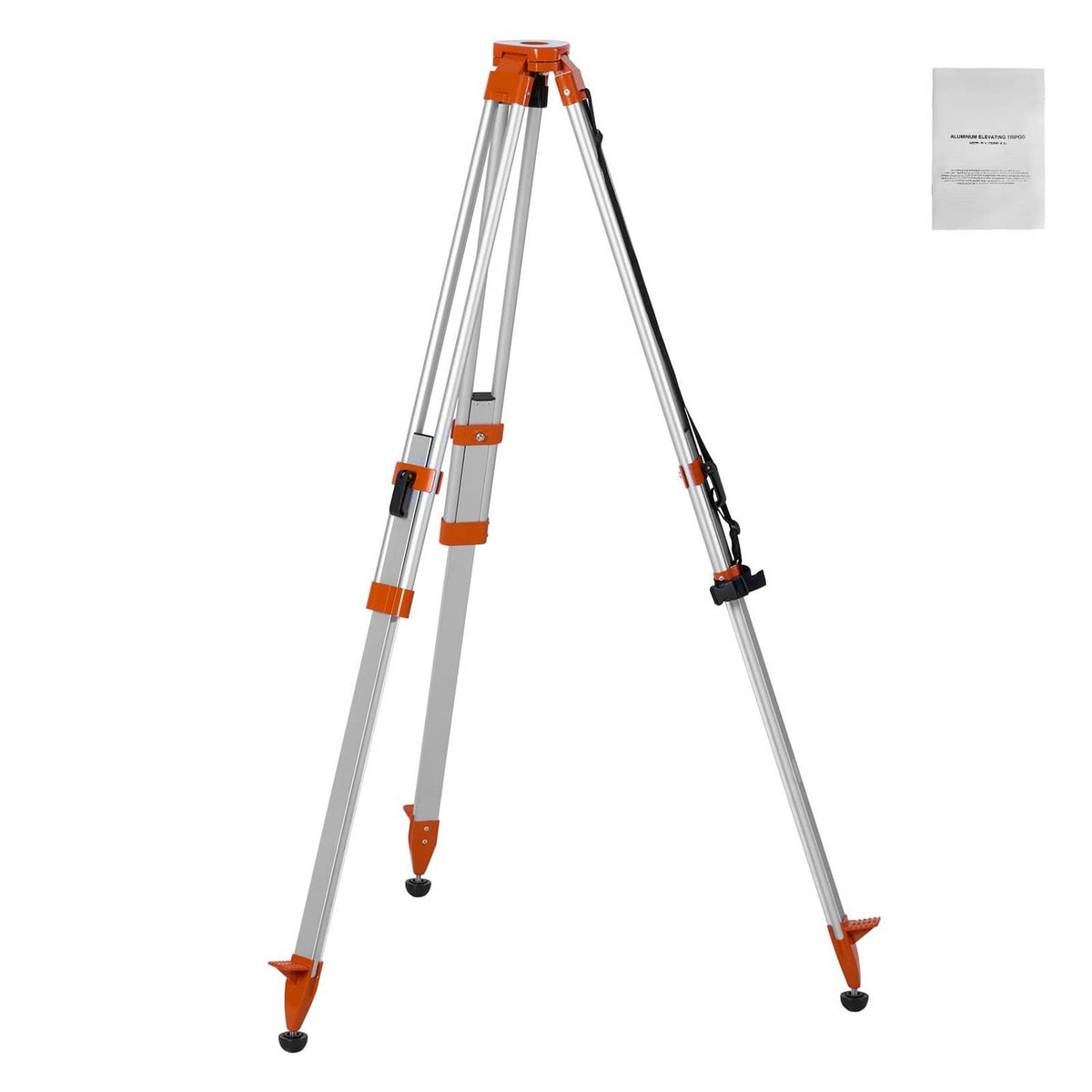 Laser level tripod stand with orange top, silver legs, and black leg clamps.